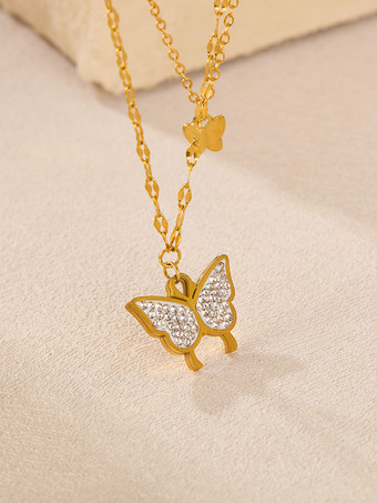 女性用 2025 ダブルレイヤー ゴールド バタフライ ネックレス