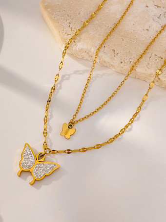 女性用 2025 ダブルレイヤー ゴールド バタフライ ネックレス