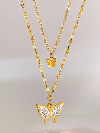 女性用 2025 ダブルレイヤー ゴールド バタフライ ネックレス