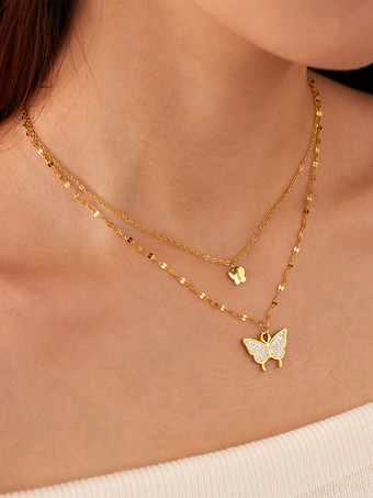 女性用 2025 ダブルレイヤー ゴールド バタフライ ネックレス