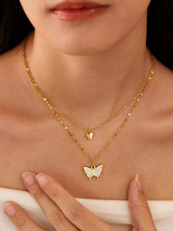女性用 2025 ダブルレイヤー ゴールド バタフライ ネックレス