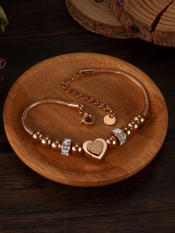 シャンパンカラーハートとビーズのステンレススチールブレスレット 女性用 2025
