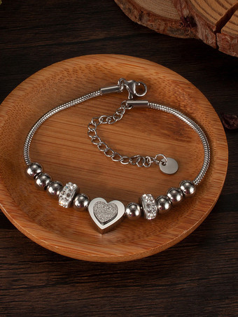 ハートとビーズのステンレススチールブレスレット 女性用 2025