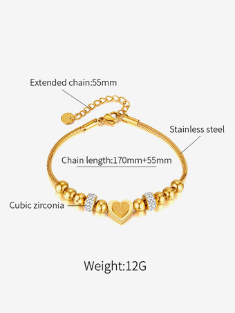 ハートとビーズのステンレススチールブレスレット 女性用 2025