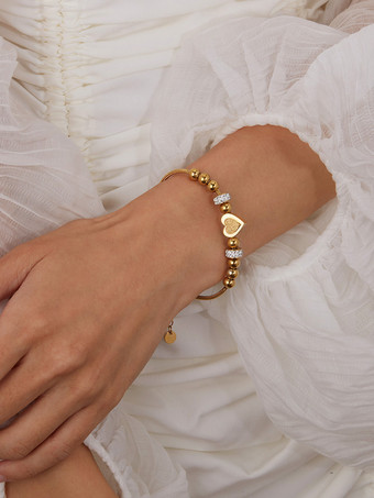 ゴールド ハートとビーズのステンレススチールブレスレット 女性用 2025