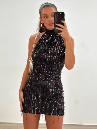 ブラック スパンコールホルタードレスキラキラミニパーティードレスレディース2026