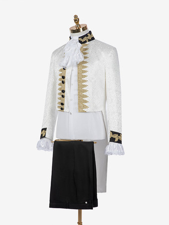 ホワイト ビンテージ コスチューム フリル ボタン ジャカード 長袖 男性用レトロコスチューム