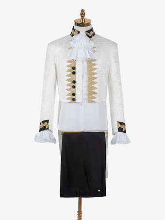 ホワイト ホワイト ビンテージ コスチューム フリル ボタン ジャカード 長袖 男性用レトロコスチューム