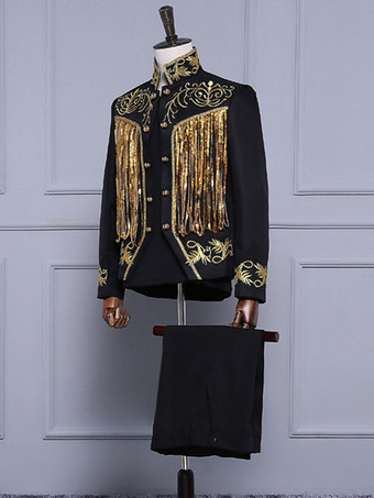 黒 ヴィンテージ セット 中世 ボタン フリンジ 長袖 レトロ コスチューム セット 男性用