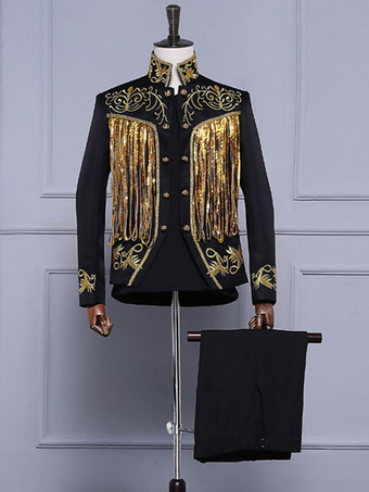 黒 ヴィンテージ セット 中世 ボタン フリンジ 長袖 レトロ コスチューム セット 男性用