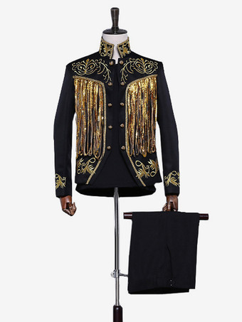 ブラック 黒 ヴィンテージ セット 中世 ボタン フリンジ 長袖 レトロ コスチューム セット 男性用