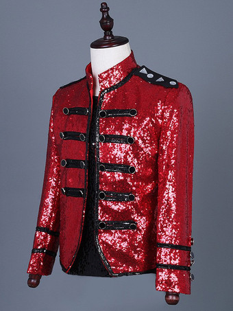 Abrigo de manga larga con bloques de color y botones y lentejuelas de estilo vintage rojo para hombre Borgoña