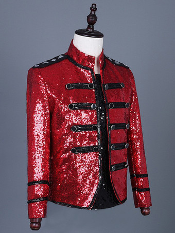 Abrigo de manga larga con bloques de color y botones y lentejuelas de estilo vintage rojo para hombre Borgoña