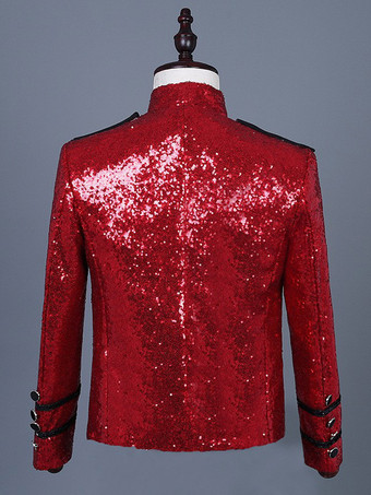 Abrigo de manga larga con bloques de color y botones y lentejuelas de estilo vintage rojo para hombre Borgoña