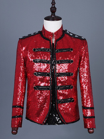 rojo Abrigo de manga larga con bloques de color y botones y lentejuelas de estilo vintage rojo para hombre Borgoña