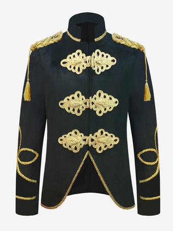 ブラック ディープブルー ヴィンテージコスチューム トップ ポリエステル ボタン 長袖 男性用レトロコスチューム