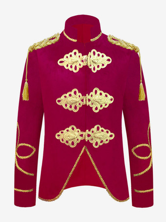 ワインレッド ディープブルー ヴィンテージコスチューム トップ ポリエステル ボタン 長袖 男性用レトロコスチューム