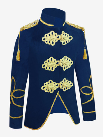 ディープブルー ヴィンテージコスチューム トップ ポリエステル ボタン 長袖 男性用レトロコスチューム