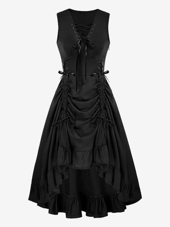 ブラック 黒のヴィンテージコスチューム レディース フリル レースアップ 中世ルネッサンスドレス