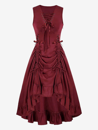 ワインレッド 黒のヴィンテージコスチューム レディース フリル レースアップ 中世ルネッサンスドレス