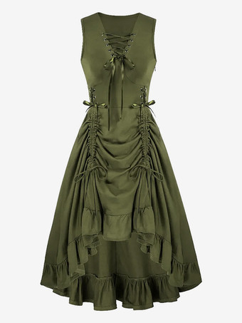 グリーン 黒のヴィンテージコスチューム レディース フリル レースアップ 中世ルネッサンスドレス