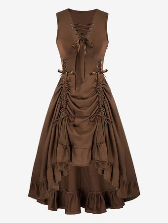 ブラウン 黒のヴィンテージコスチューム レディース フリル レースアップ 中世ルネッサンスドレス