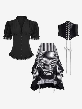 女性用中世ドレス ストライプ 海賊ドレス ゴシック 海賊コスチューム ハイロースカート 3点セット