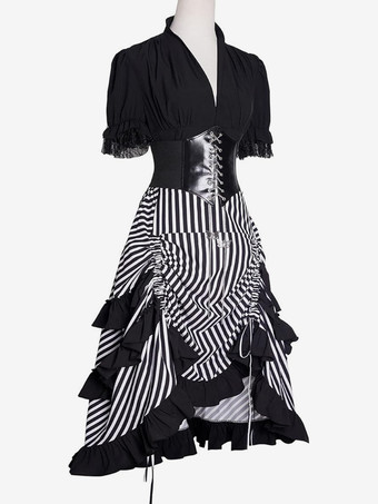 女性用中世ドレス ストライプ 海賊ドレス ゴシック 海賊コスチューム ハイロースカート 3点セット