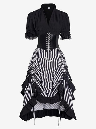 ブラック 女性用中世ドレス ストライプ 海賊ドレス ゴシック 海賊コスチューム ハイロースカート 3点セット