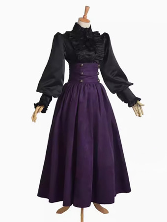 パープル ディープブラウンのヴィンテージドレス フリル 中世ルネッサンス コスチューム ヴィンテージ クロージング