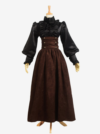 ディープブラウンディープブラウンのヴィンテージドレス フリル 中世ルネッサンス コスチューム ヴィンテージ クロージング