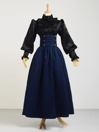 ディープブルーディープブラウンのヴィンテージドレス フリル 中世ルネッサンス コスチューム ヴィンテージ クロージング