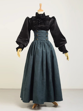 ダークグリーンディープブラウンのヴィンテージドレス フリル 中世ルネッサンス コスチューム ヴィンテージ クロージング