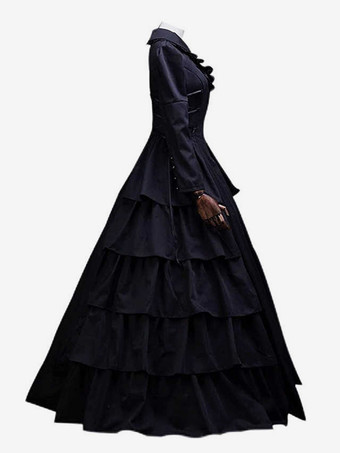 黒のビクトリア朝のドレス フリル 長袖 ハイカラー ポリエステル ヴィンテージ コスチューム