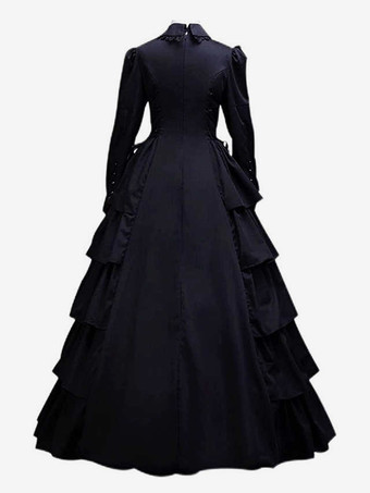 黒のビクトリア朝のドレス フリル 長袖 ハイカラー ポリエステル ヴィンテージ コスチューム
