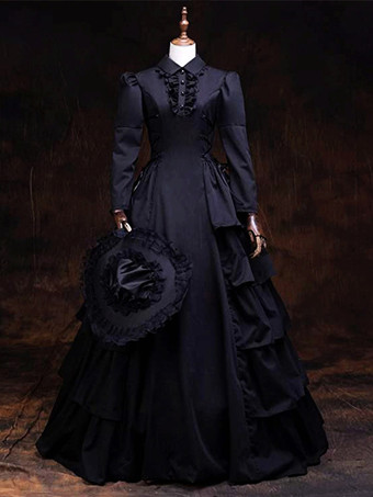 ブラック 黒のビクトリア朝のドレス フリル 長袖 ハイカラー ポリエステル ヴィンテージ コスチューム