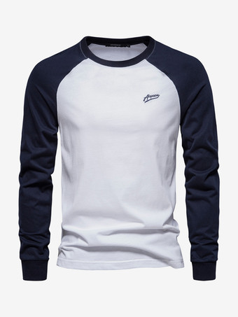 ホワイト メンズ Tシャツ ジュエルネック カラーブロック 長袖 トップス