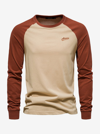 カーキ メンズ Tシャツ ジュエルネック カラーブロック 長袖 トップス