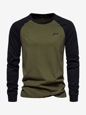 ハンターグリーン メンズ Tシャツ ジュエルネック カラーブロック 長袖 トップス