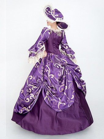 パープル レトロ コスチューム レディース 花柄 レース レース フリル ポリエステル セット マリー アントワネット コスチューム ドレス 帽子 ヴィンテージ