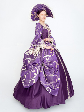 パープル レトロ コスチューム レディース 花柄 レース レース フリル ポリエステル セット マリー アントワネット コスチューム ドレス 帽子 ヴィンテージ