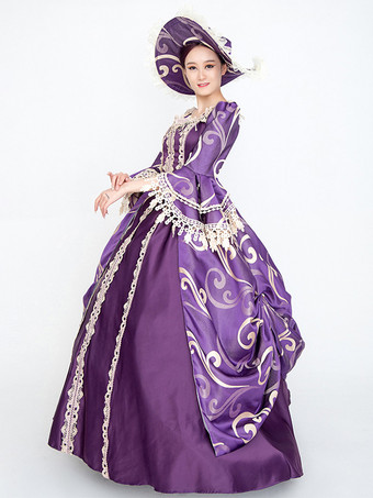 パープル レトロ コスチューム レディース 花柄 レース レース フリル ポリエステル セット マリー アントワネット コスチューム ドレス 帽子 ヴィンテージ