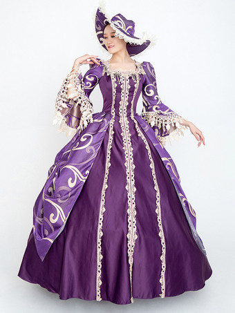 パープル レトロ コスチューム レディース 花柄 レース レース フリル ポリエステル セット マリー アントワネット コスチューム ドレス 帽子 ヴィンテージ