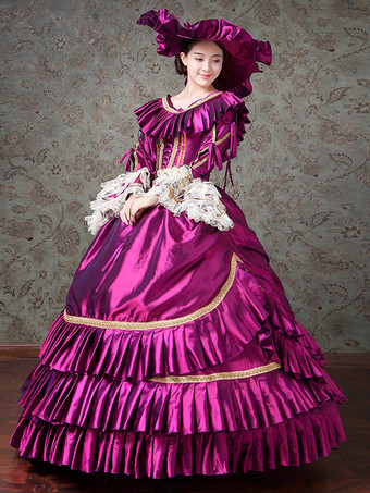 紫のビクトリア朝のドレス フリル ポリエステル レース ドレス ボールガウン