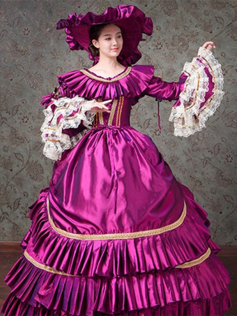紫のビクトリア朝のドレス フリル ポリエステル レース ドレス ボールガウン