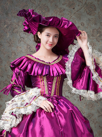 紫のビクトリア朝のドレス フリル ポリエステル レース ドレス ボールガウン