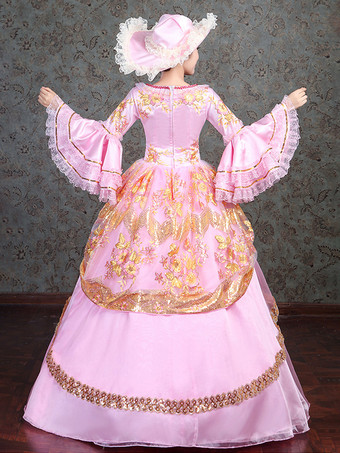 レースのディテールが施されたピンクのビクトリア朝のエレガントなイブニングドレス ヴィンテージドレス