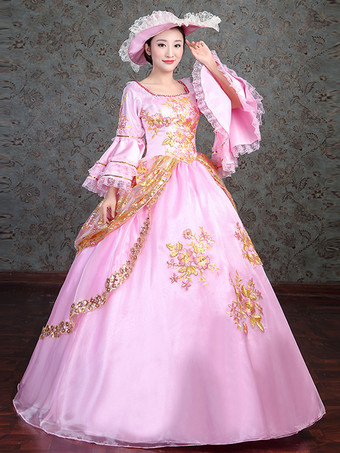 レースのディテールが施されたピンクのビクトリア朝のエレガントなイブニングドレス ヴィンテージドレス