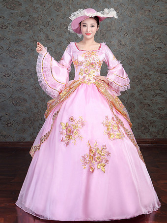 レースのディテールが施されたピンクのビクトリア朝のエレガントなイブニングドレス ヴィンテージドレス