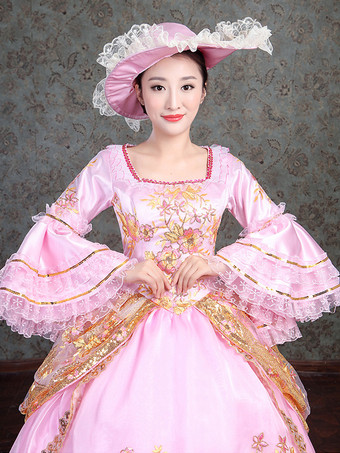 レースのディテールが施されたピンクのビクトリア朝のエレガントなイブニングドレス ヴィンテージドレス